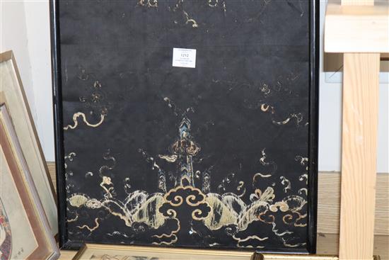 A pair of Chinese/Tibetan embroidered black satin qilin panels, late 19th/early 20th century, 144 x 44cm, worn